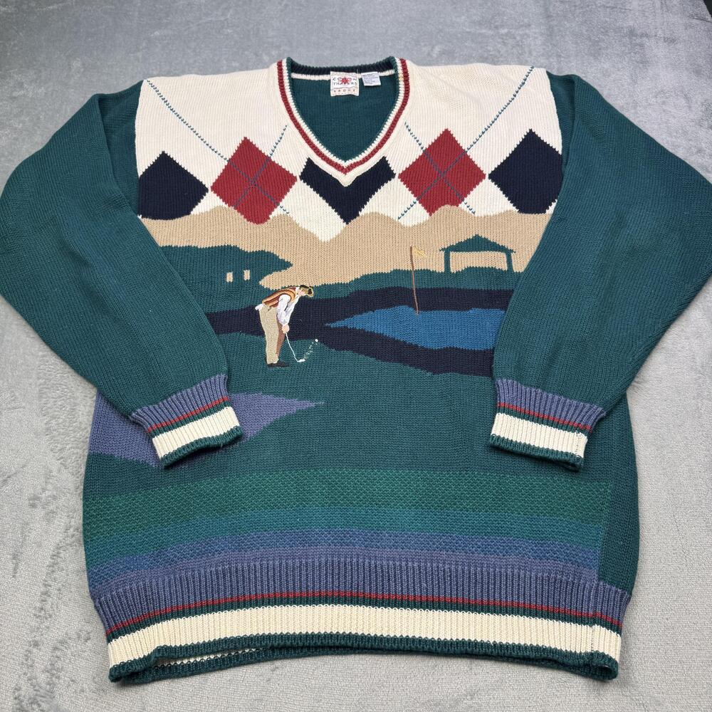Vintage Cotton Traders Sweater Mens 2XLT Green V-Neck Golf Graphic Pullover